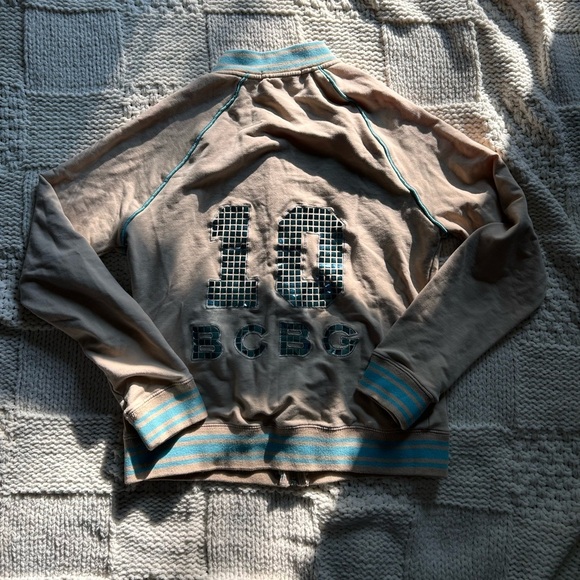 BCBCMaxAzria Tan Blue Varsity Zip Button Jacket - Picture 3 of 6